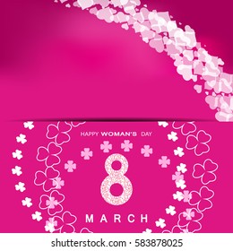 Vector Happy Woman's Day envelope on the pink gradient background with white floral pattern, text and clover leaves arranged in a circle.