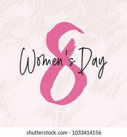 Vector Happy Woman's day handwritten lettering card. Vintage curly calligraphy March 8 on grunge paint background.