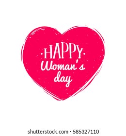 Vector Happy Woman's day handwritten lettering card. Vintage curly calligraphy March 8 on heart background.