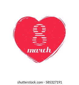 Vector Happy Woman's day handwritten lettering card. Vintage curly calligraphy March 8 on heart background.