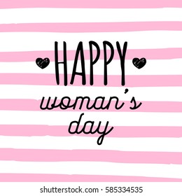 Vector Happy Woman's day handwritten lettering card. Vintage curly calligraphy March 8 on stripe pink background.