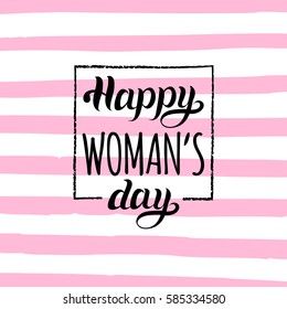 Vector Happy Woman's day handwritten lettering card. Vintage curly calligraphy March 8 on stripe pink background.