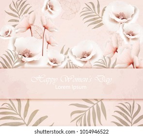 Vector Happy Women day card with delicate pink floral pattern backgrounds