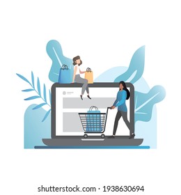 Vector, happy women with trolley, paper bags choose product, buy on Internet, pay contactlessly, place an order in an online store. Sales website is open in laptop, computer.