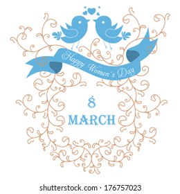 Vector Happy Women's Day greeting card with floral decorated text 8 March.