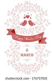 Vector Happy Women's Day greeting card with floral decorated text 8 March.
