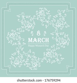 Vector Happy Women's Day greeting card with floral decorated text 8 March.