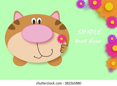 Vector Happy Women's Day greeting card. Perfect as invitation or announcement. On green background. Cute cartoon cat with pink flower. Vector with many flowers.