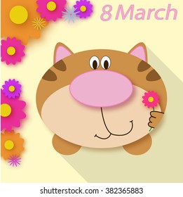 Vector Happy Women's Day greeting card. Perfect as invitation or announcement. On yellow background. Cute cartoon cat with pink flower. Vector with many flowers.