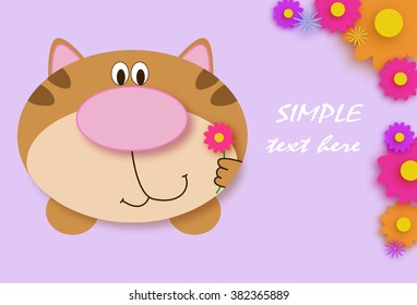 Vector Happy Women's Day greeting card. Perfect as invitation or announcement. On violet background. Cute cartoon cat with pink flower. Vector with many flowers.