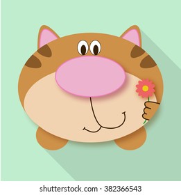 Vector Happy Women's Day greeting card. Perfect as invitation or announcement. On green background. Cute cartoon cat with red flower. Vector flat icon.