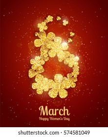 Vector Happy Women's Day greeting card with sparkling glitter flower gold textured figure eight on red background. 8 march luxury background