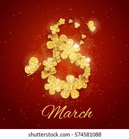 Vector Happy Women's Day greeting card with sparkling glitter flower gold textured figure eight on red background. 8 march luxury background