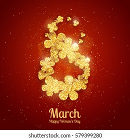 Vector Happy Women's Day greeting card with figure eight made with sparkling gold glitter flowers on red background. 8 march luxury background