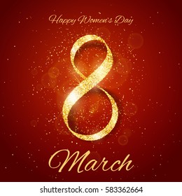 Vector Happy Women's Day greeting card with sparkling glitter gold ribbon figure eight on red background. 8 march luxury background