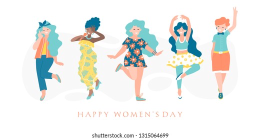 Vector Happy women's day illustration. Beautiful dancing women isolated on white background. 
