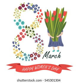 Vector 'Happy Women's Day' poster with cute flowers, ribbon and a girl holding a bouquet of tulips in cartoon style