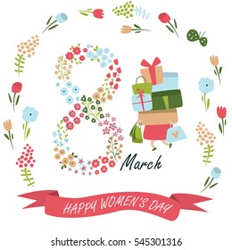 Vector 'Happy Women's Day' poster with cute flowers, ribbon and a girl holding packs and gift boxes in cartoon style