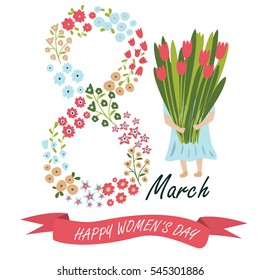 Vector 'Happy Women's Day' poster with cute flowers, ribbon and a girl holding a bouquet of tulips in cartoon style