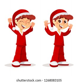 Vector Happy Young Boy Celebrating Christmas in Red Costume