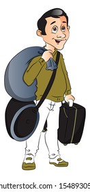 Vector de joven feliz llevando equipaje.