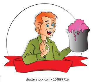 Vector Of Happy Young Man Holding Ice Cream Tub And Gesturing.