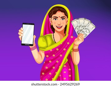 Vector of happy young woman in saree holding Indian currency and mobile phone on white background - Mobile banking concept