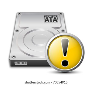 Vector hard disk drive icon with WARNING sign