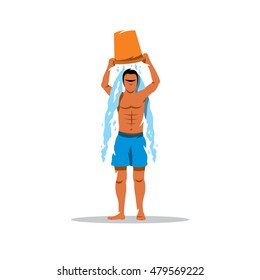 Vector Hardening of the body. Ice bucket challenge Cartoon Illustration. Man pours cold water. Unusual Logo template isolated on a white background