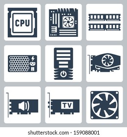 Vector hardware icons set: CPU, motherboard, RAM, power unit, computer case, video card, sound card, TV-tuner, cooler