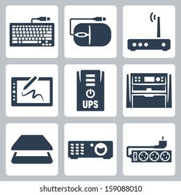 Vector hardware icons set: keyboard, computer mouse, modem, graphics tablet, UPS, multifunction device, scanner, projector, surge filter