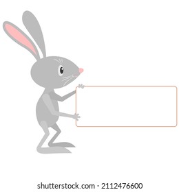 Vector hare with blank board. Grey rabbit with copy space sign board. 