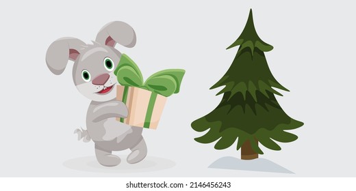  Vector hare with a gift and a Christmas tree. New year greeting card. new year's print. Cute rabbit is holding a gift.