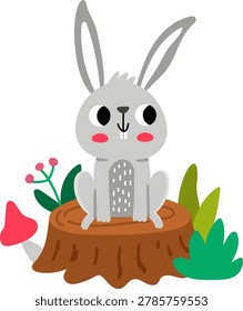 Vector hare sitting on tree stump with mushroom and berries. Cute cartoon woodland bunny scene illustration for kids. Forest animal on natural background. Rabbit picture for children
