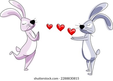 Vector hares in love send hearts to each other. Romantic couple. Anthropomorphic cute animals stand on their hind legs, look at each other.