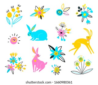Vector hares on a white background. Multi-colored rabbits for Easter design. Cute easter rabbit vector illustration cartoon bunny.