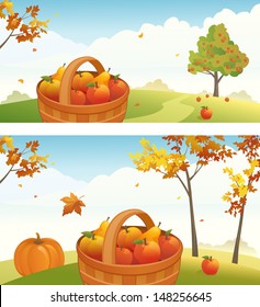 Vector harvest backgrounds with ripe apples, pears and pumpkin