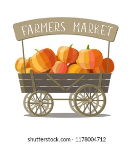 vector of harvest pumpkins in wagon, with fall autumn colors of orange, yellow, and red, isolated on white background for Thanksgiving