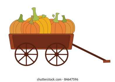 vector of harvest pumpkins in wagon, with fall autumn colors of orange, yellow, and red, isolated on white background for Thanksgiving