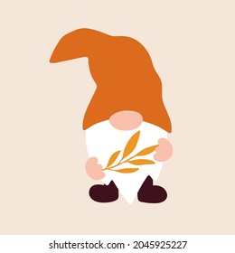 Vector harvesting cute gnom with branch illustration. Autumn greeting card. Fall season decoration. Harvest poster design. For festival banner, greeting card, print.