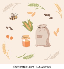 Vector harvesting set, bag of grain, buckwheat, wheat, ears, honey, bee, corn, vector illustration