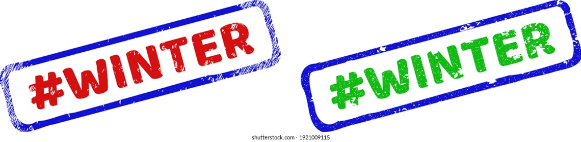 Impresiones enmarcadas en el marco de Hashtag Hashtag WINTER con una superficie no limpia. Sellos rectangulares rígidos bicolores. Colores rojos, azules y verdes. Sellos de sello rascados planos con el título Hashtag WINTER dentro de rectángulo bruto