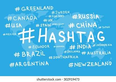 Vector hashtag world map country blue white. Hashtag illustration. 