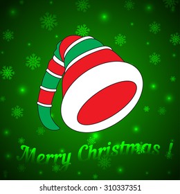 Vector hat of the Christmas Elf on green background with snowflakes and glitter