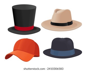 Vector hat collection illustrate, Female and male headwear, derby and cowboy, straw hat, cap, panama and cylinder. eps