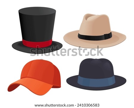 Vector hat collection illustrate, Female and male headwear, derby and cowboy, straw hat, cap, panama and cylinder. eps