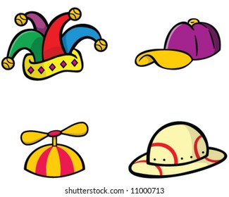 vector hat collection - jester, baseball cap, beanie cap with propeller, and safari helmet