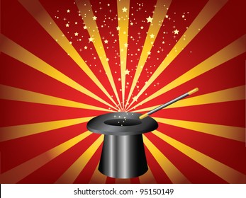 vector hat and magic wand on a striped background