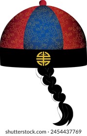 Vector hat of traditional red-black mandarin or landlord hat with pigtail. National Chinese male cap.