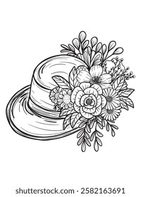 Vector hat, vintage style, floral arrangement, black and white illustration, isolated, print, sketch